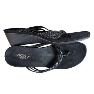 Vionic Ramba Sandals Black Size 10M Braided Strap Thong Orthaheel Slip On Wedge